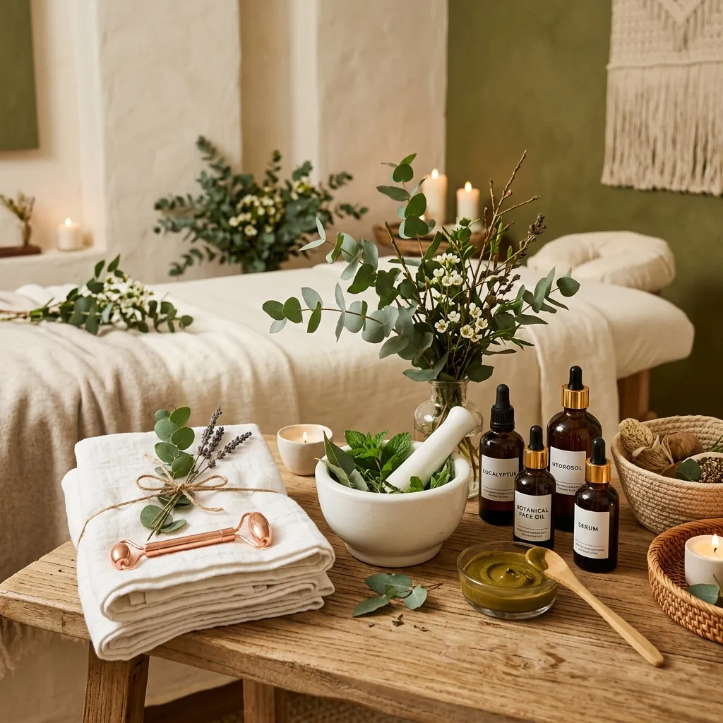 Luxury botanical facial treatment setup with essential oils and botanicals at Aroma Atelier
