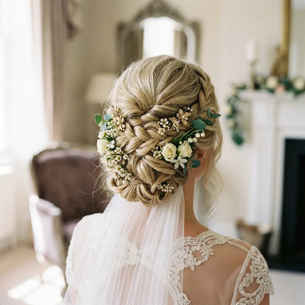 Elegant bridal hair updo with fresh flowers by Aroma Atelier, Essex