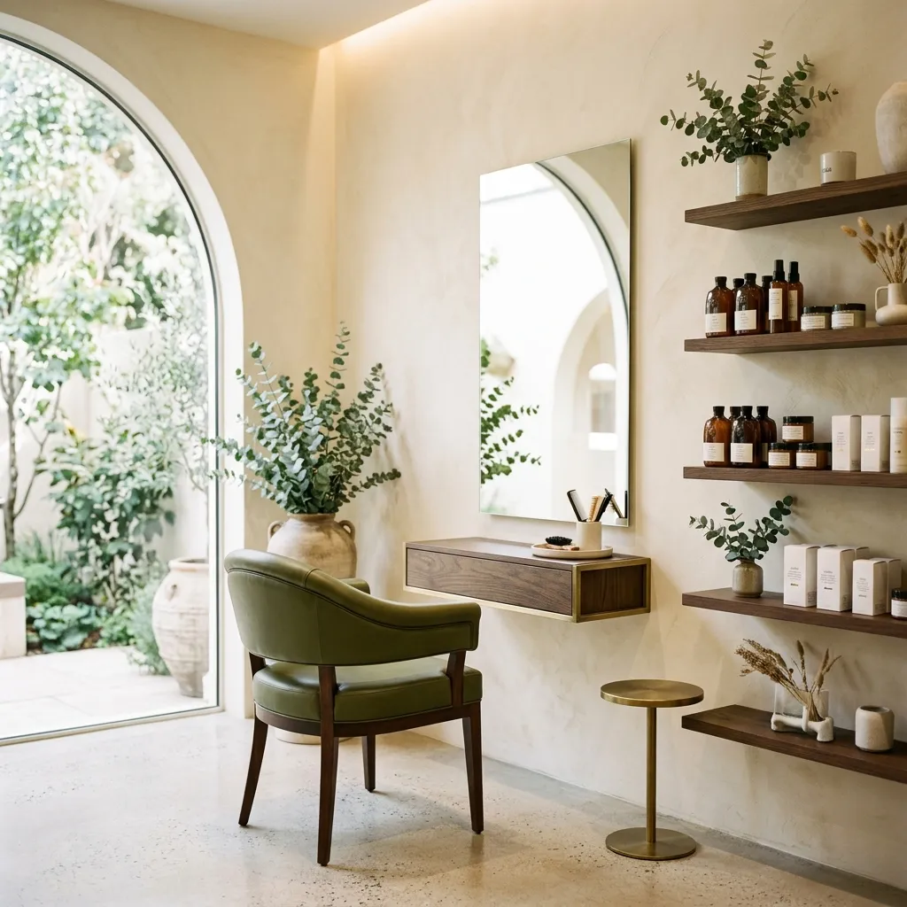 Interior of Aroma Atelier luxury hair salon in Chelmsford, Essex — elegant styling chair, natural light, and premium products