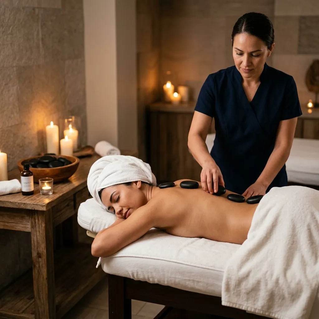 Luxury hot stone body massage treatment with warm basalt stones placed along the back at Aroma Atelier Beauty, Chelmsford, Essex